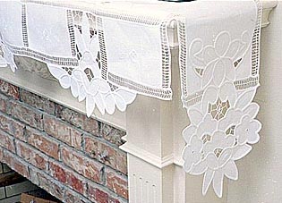 Fireplace Mantel Scarf. Imperial Embroidery. 120" by 25" White - Click Image to Close