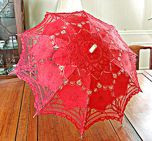 Red Battenburg Lace Parasols. 16" ( 32" Full Open) - Click Image to Close